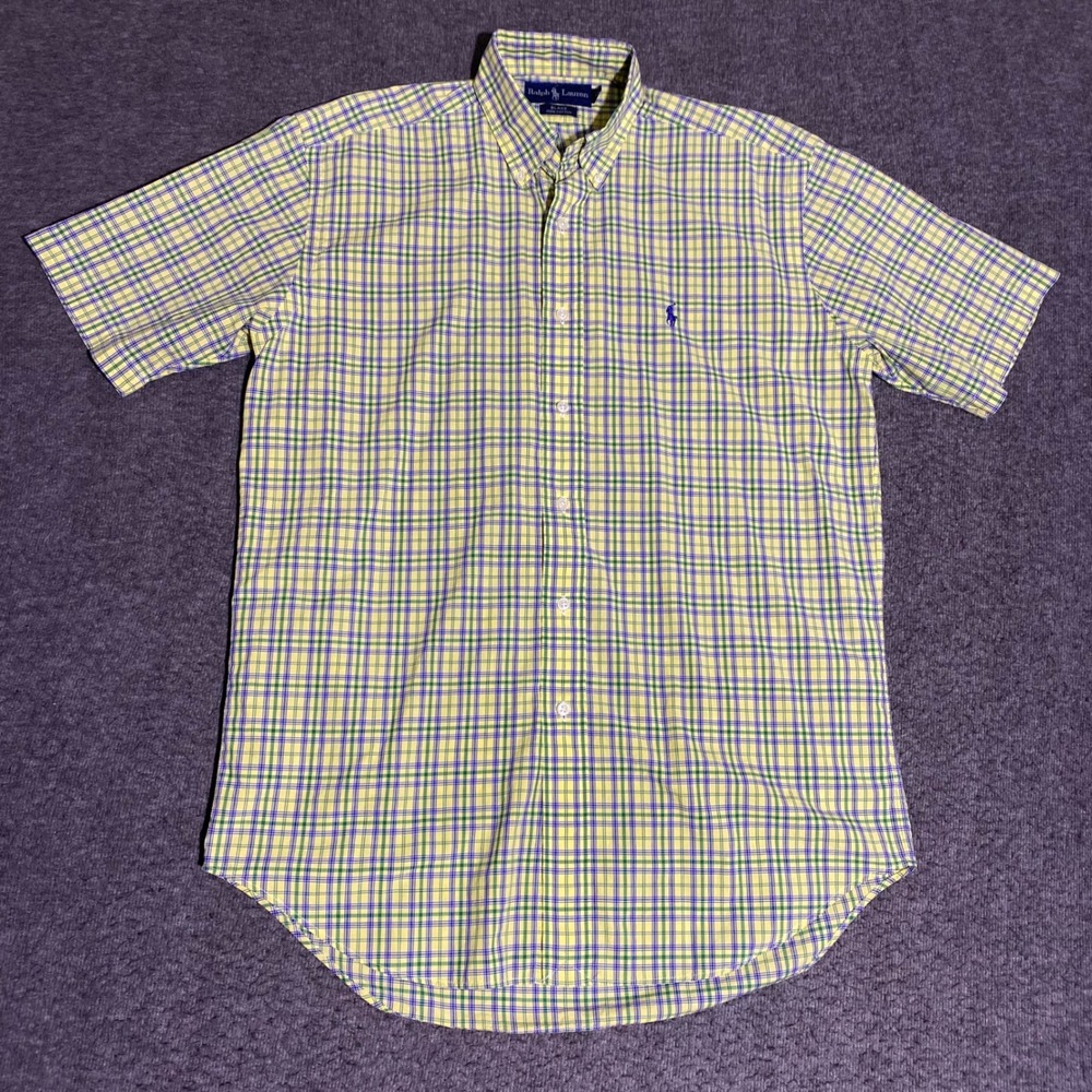 Vintage Ralph Lauren Blake Plaid Shirt Mens Small Yellow Blue Green Short Sleeve